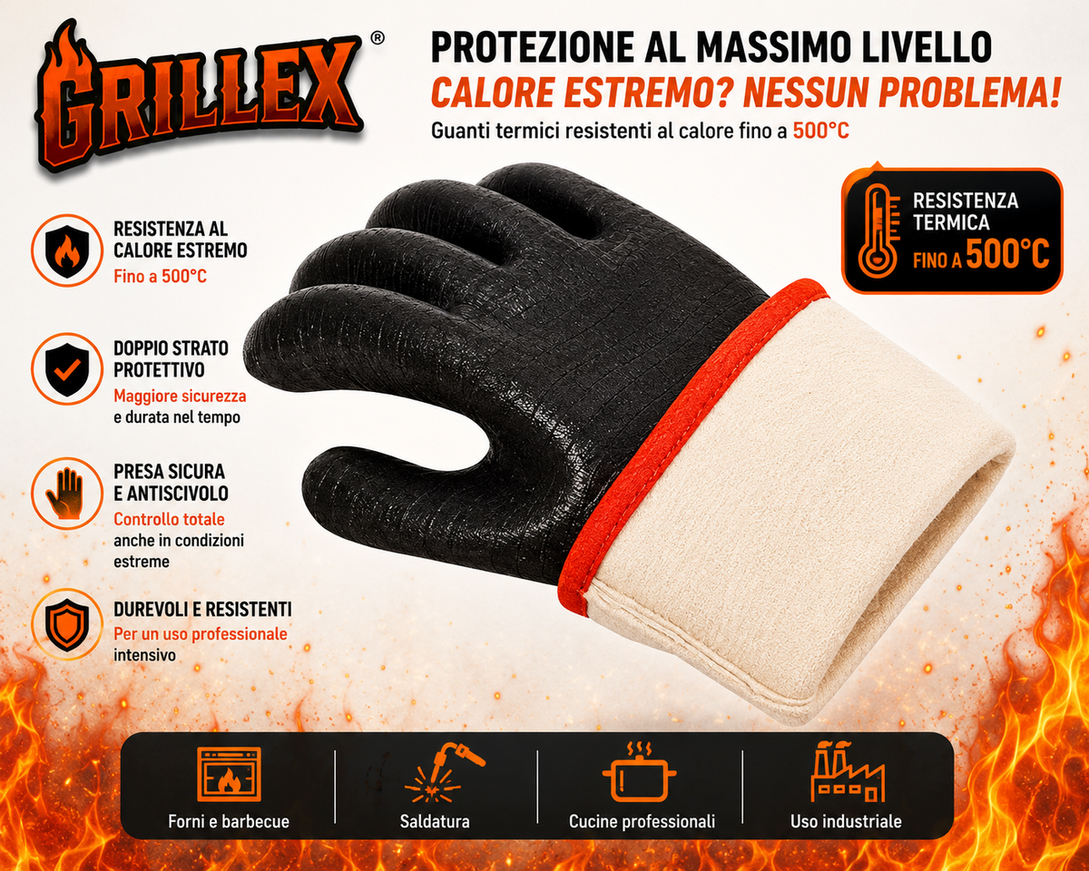 GRILLEX™ Guanti Barbecue Termo-resistenti 500°C – Impermeabili e Anti-olio